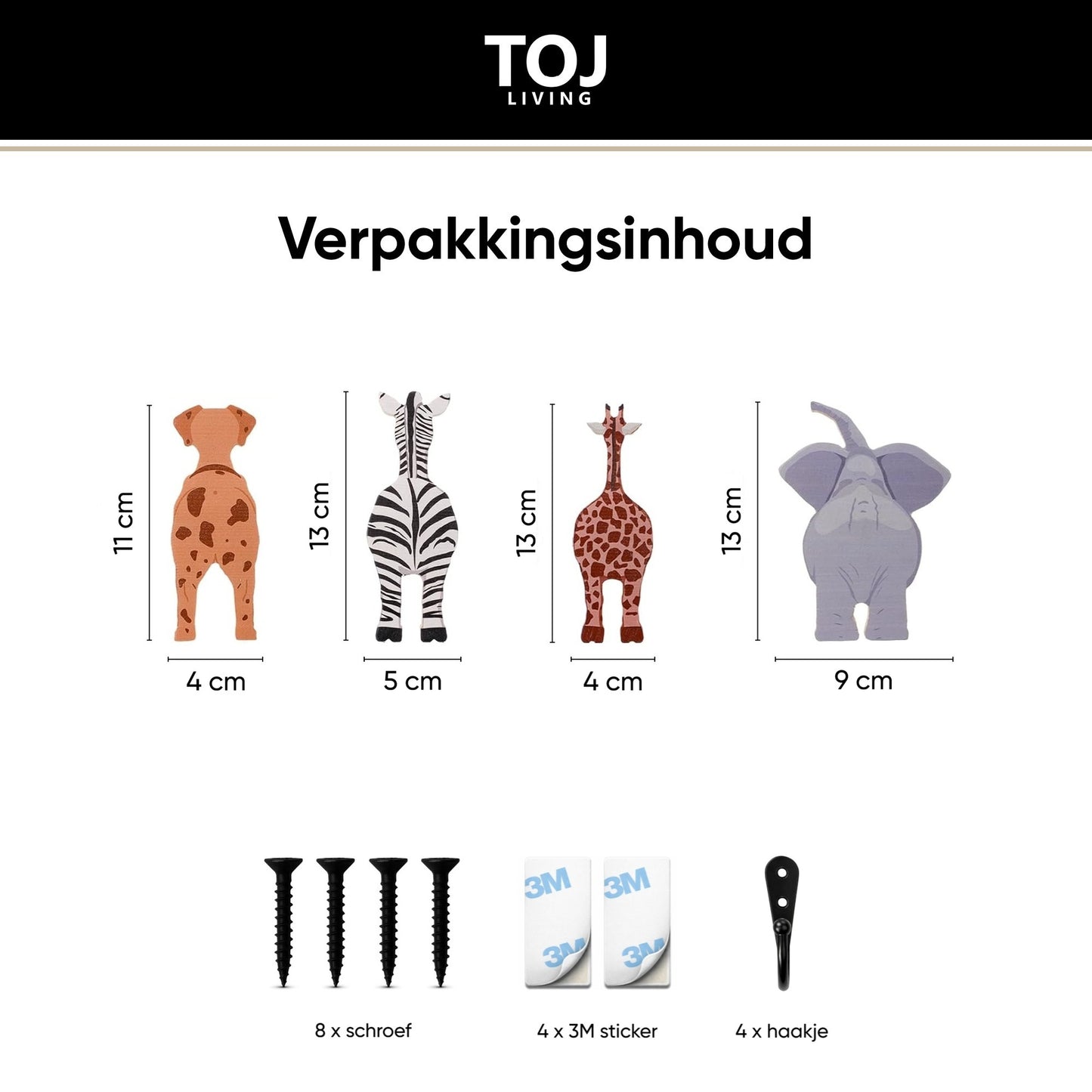 Perchero infantil autoadhesivo con 4 ganchos – madera – animales safari | TOJ Living