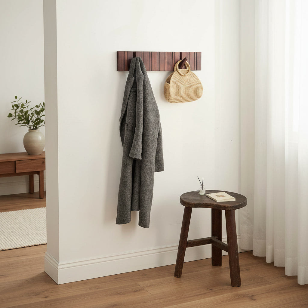 Perchero de pared con 10 ganchos – madera – 70 cm – color nogal | TOJ Living
