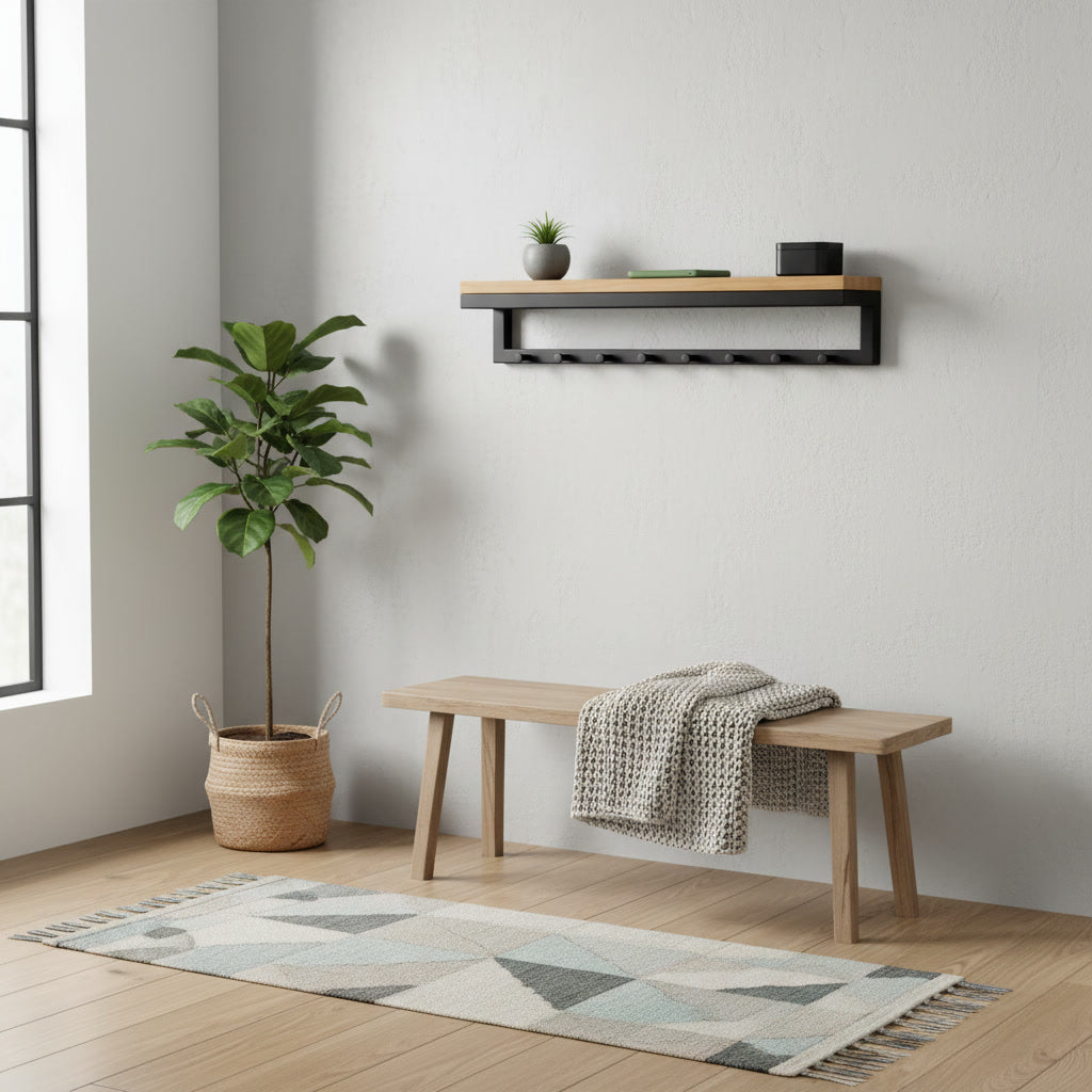 Perchero de pared con estante y 8 ganchos – 60 cm – acero inoxidable negro mate y madera natural | TOJ Living